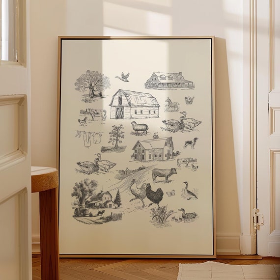 Charcoal Farm Life Toile Illustration, Vintage Art Print