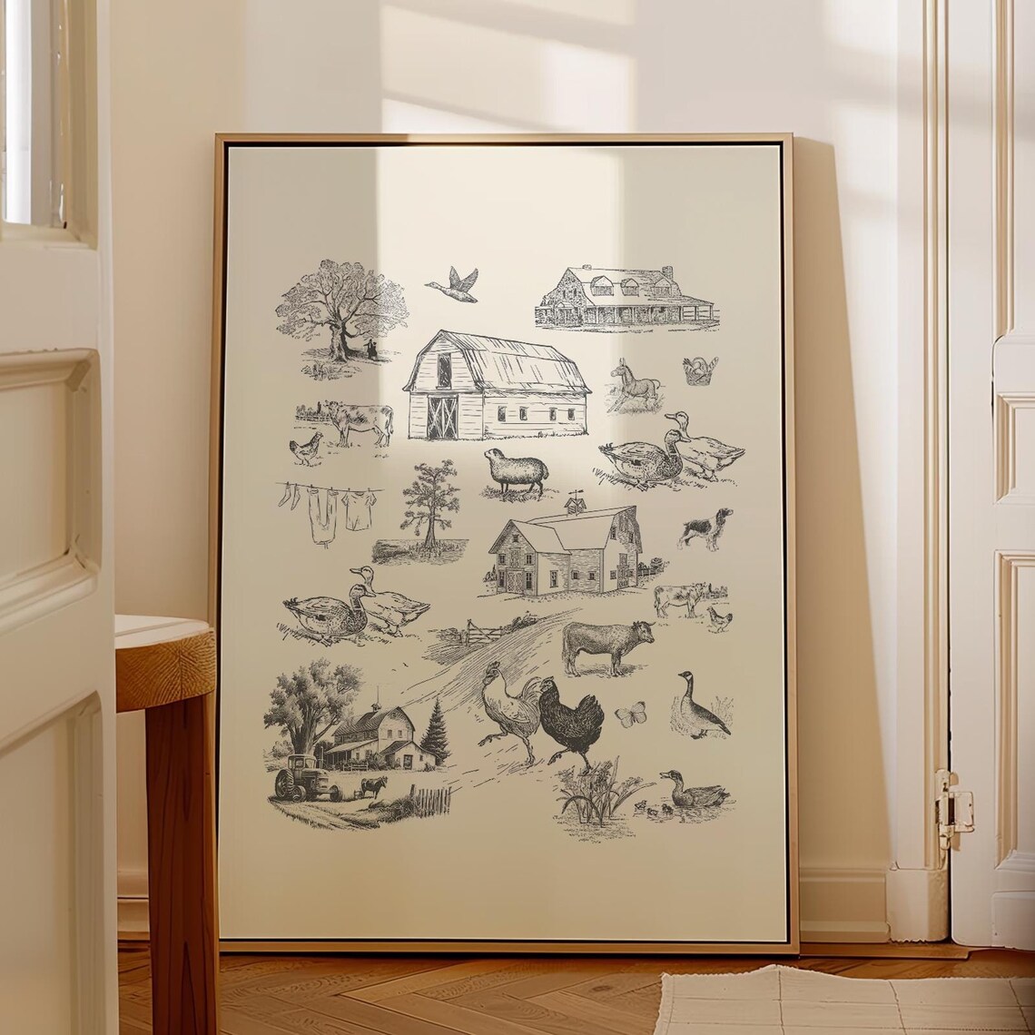 Charcoal Farm Life Toile Illustration, Vintage Art Print