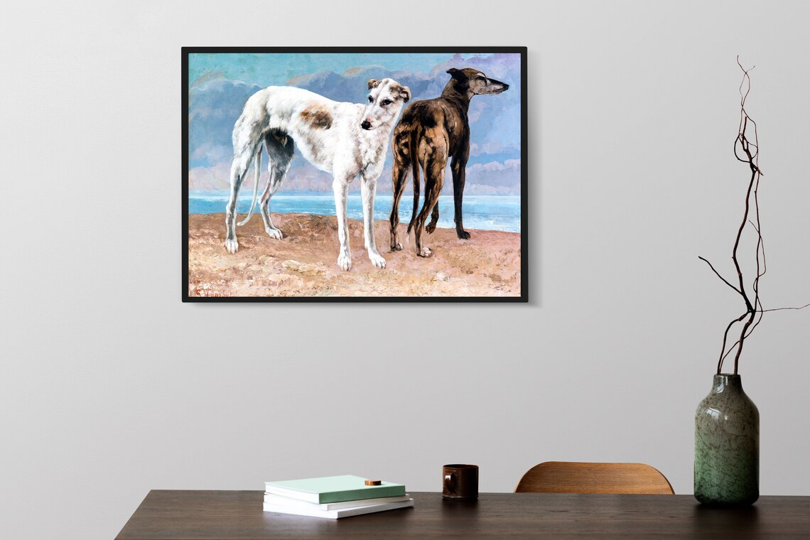 Antique French Greyhound Dogs on the Beach Vintage Oil Painting Print - Image 3