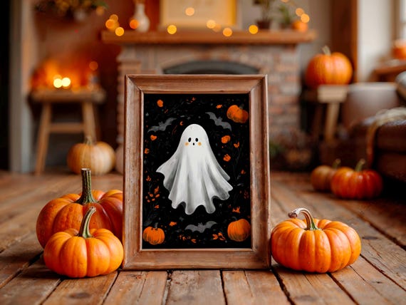 Halloween Poster Cute Whimsical Wall Art With Pumpkins And Bats Seasonal Home Decor