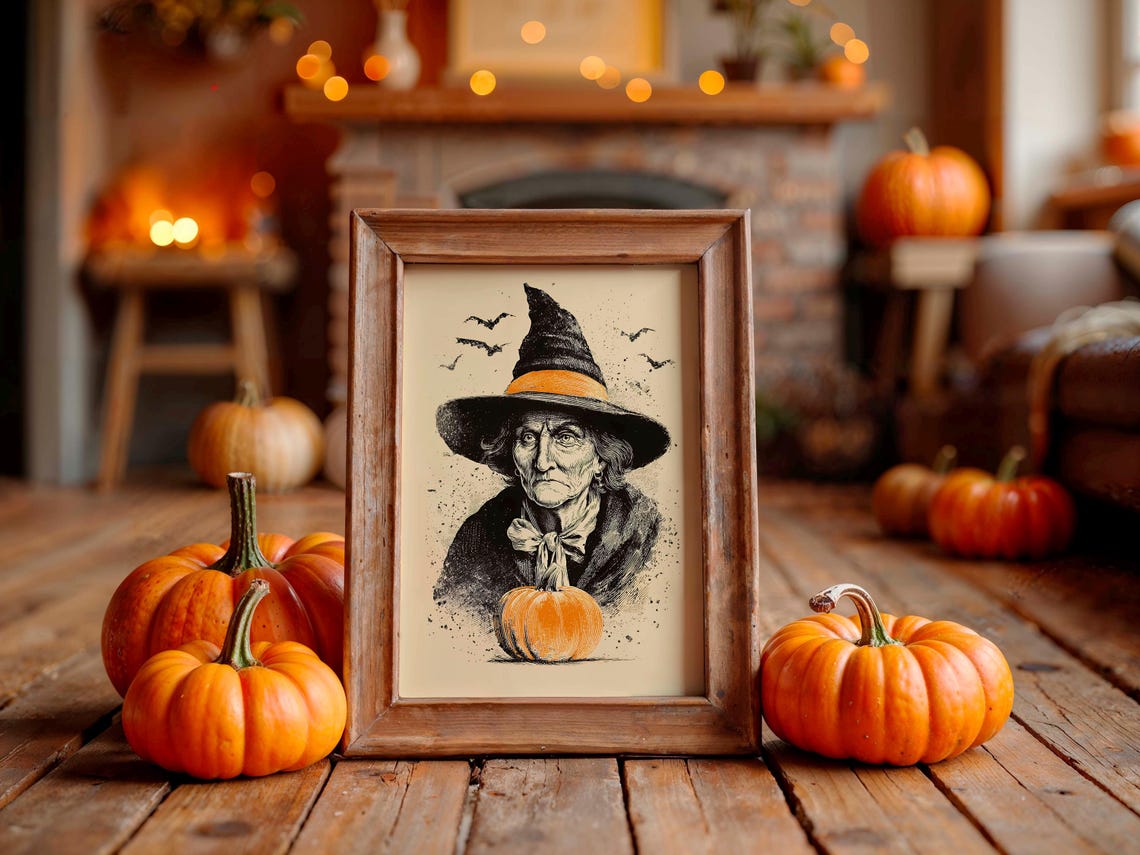 Old Witch Ink Sketch Halloween Poster With Bats And Pumpkin On Cream