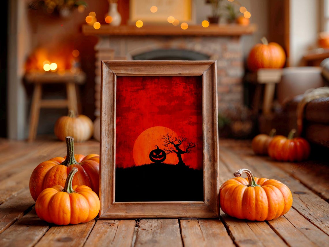 Minimalist Jack-O-Lantern Silhouette Red Sun Gothic Halloween Poster