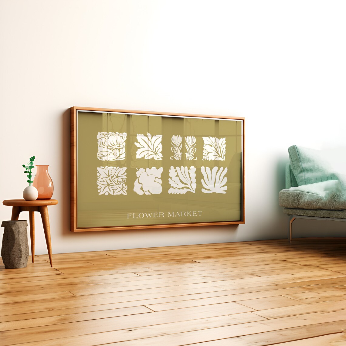 Flower Market Olive Green Matisse Style Botanical Tiles Wall Art - Image 2