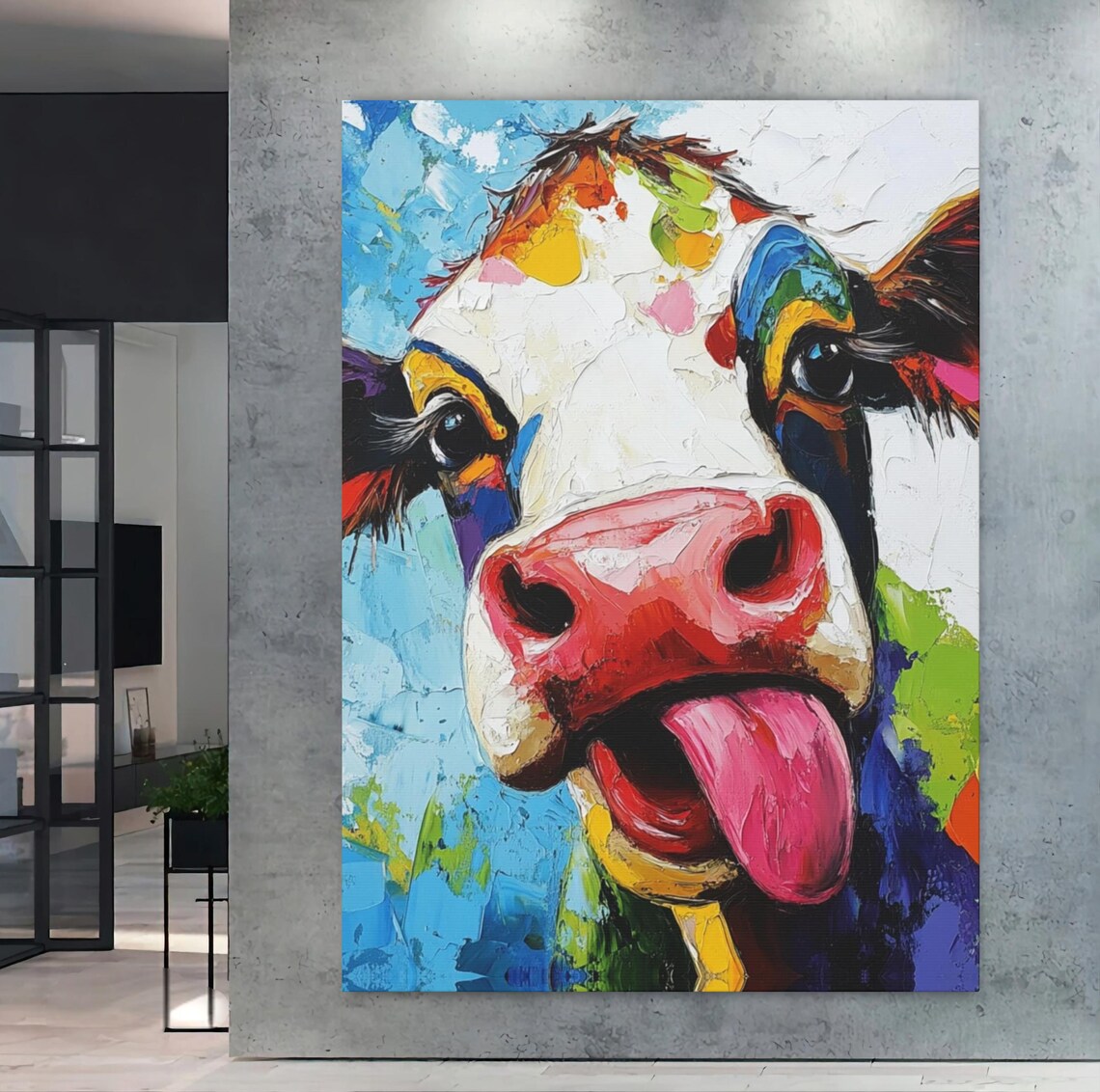 Funny Cow Tongue Out Colorful Quirky Farm Animal Wall Art Painting