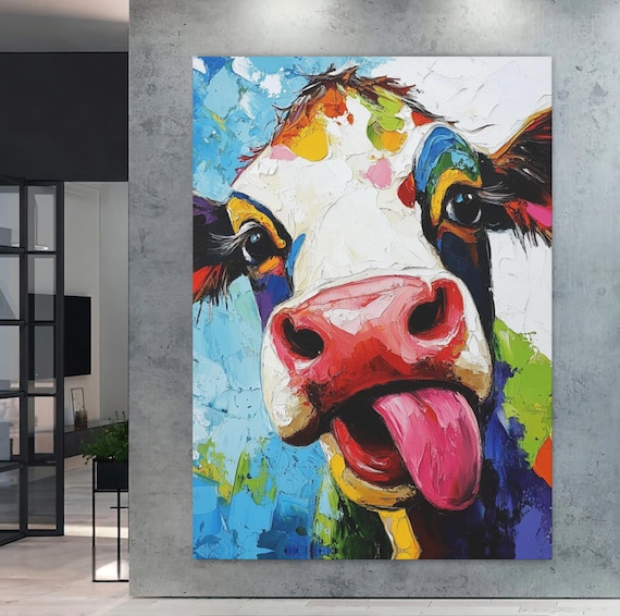 Colorful Cow Canvas Wall Art Funny Farm Animal Painting Quirky Poster Print Vibrant Decor Playful Artwork For Home