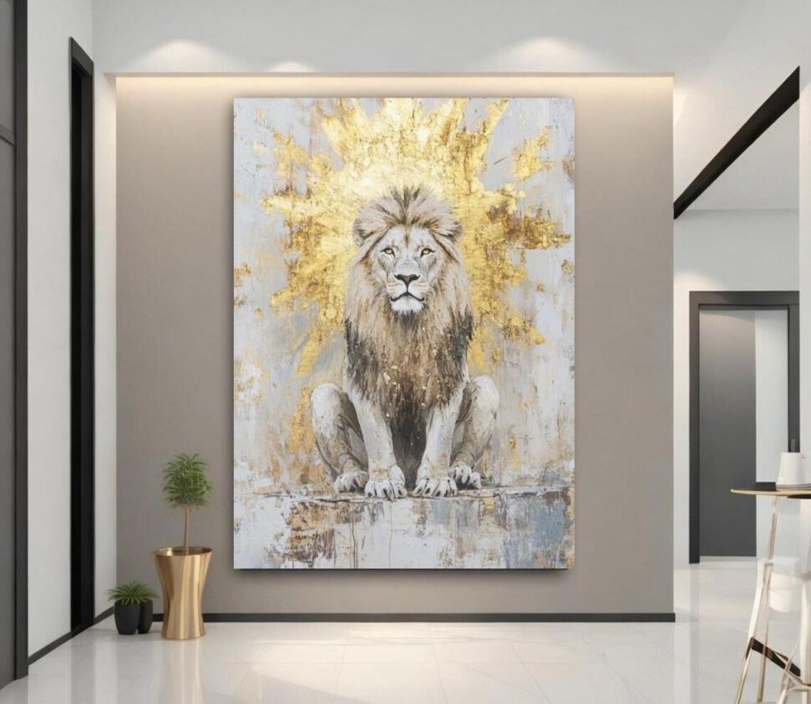 Majestic White Lion Painting Golden Halo Luxury Wildlife Wall Art
