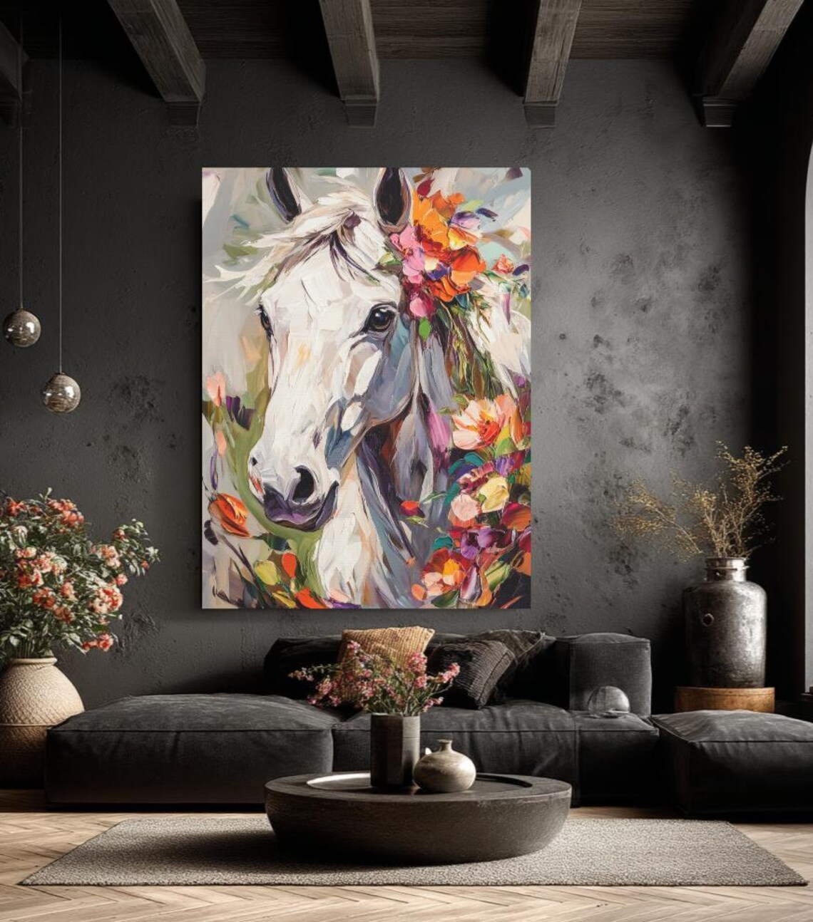 White Horse Portrait Painting Floral Crown Equestrian Animal Feminine Wall Art