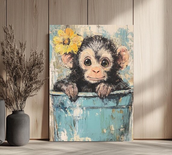 Baby Monkey Wall Art Safari Nursery Animal Print Cute Jungle Canvas Playful Kids Bedroom Decor Teal Poster