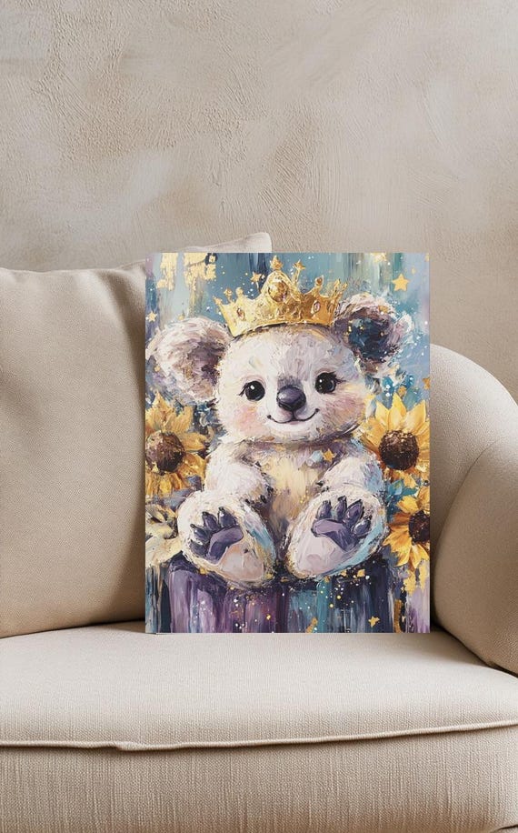 Koala Nursery Canvas Art Crowned Bear With Sunflowers