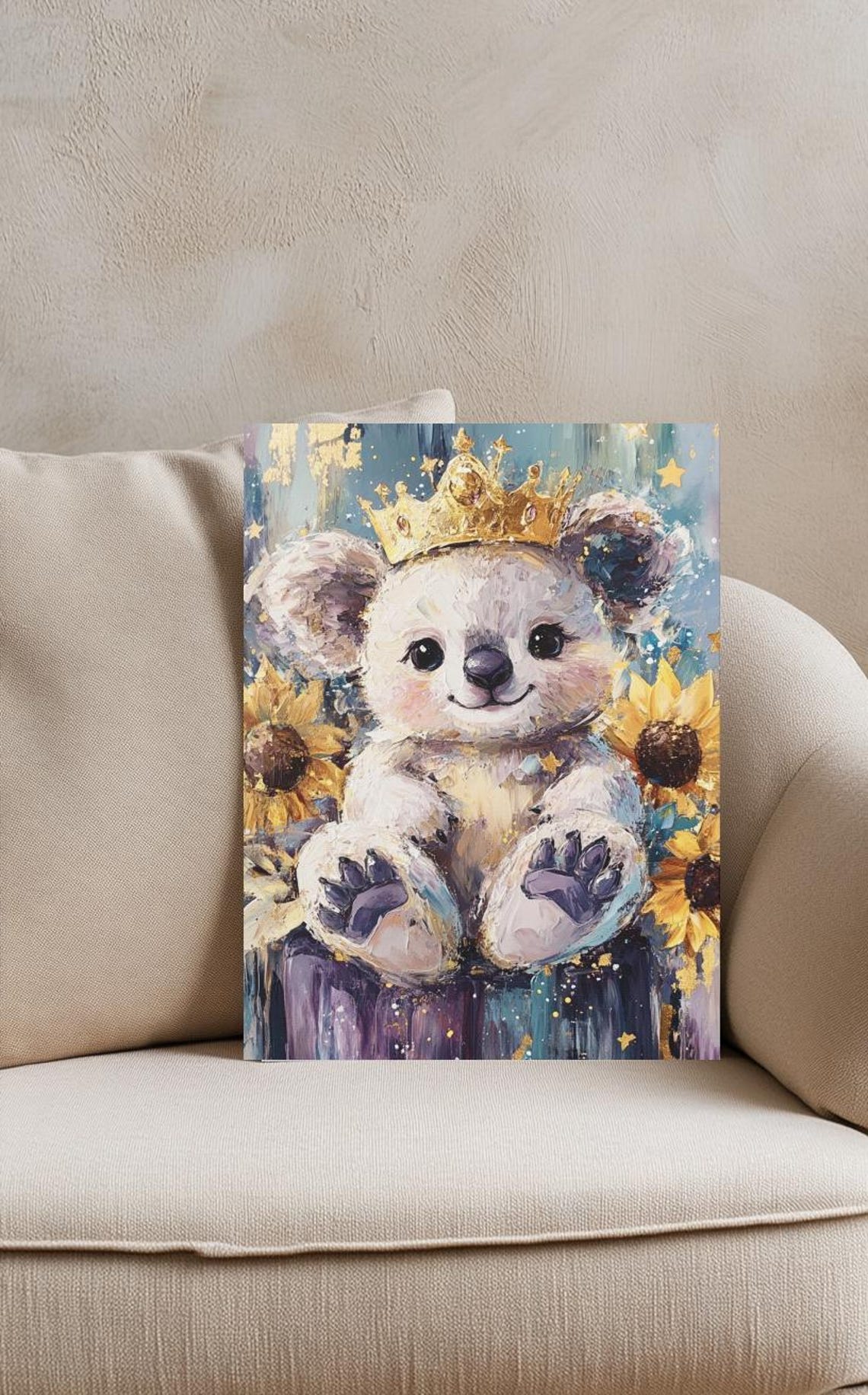 Cute Crowned Koala Sunflowers Gold Crown Nursery Animal Wall Art