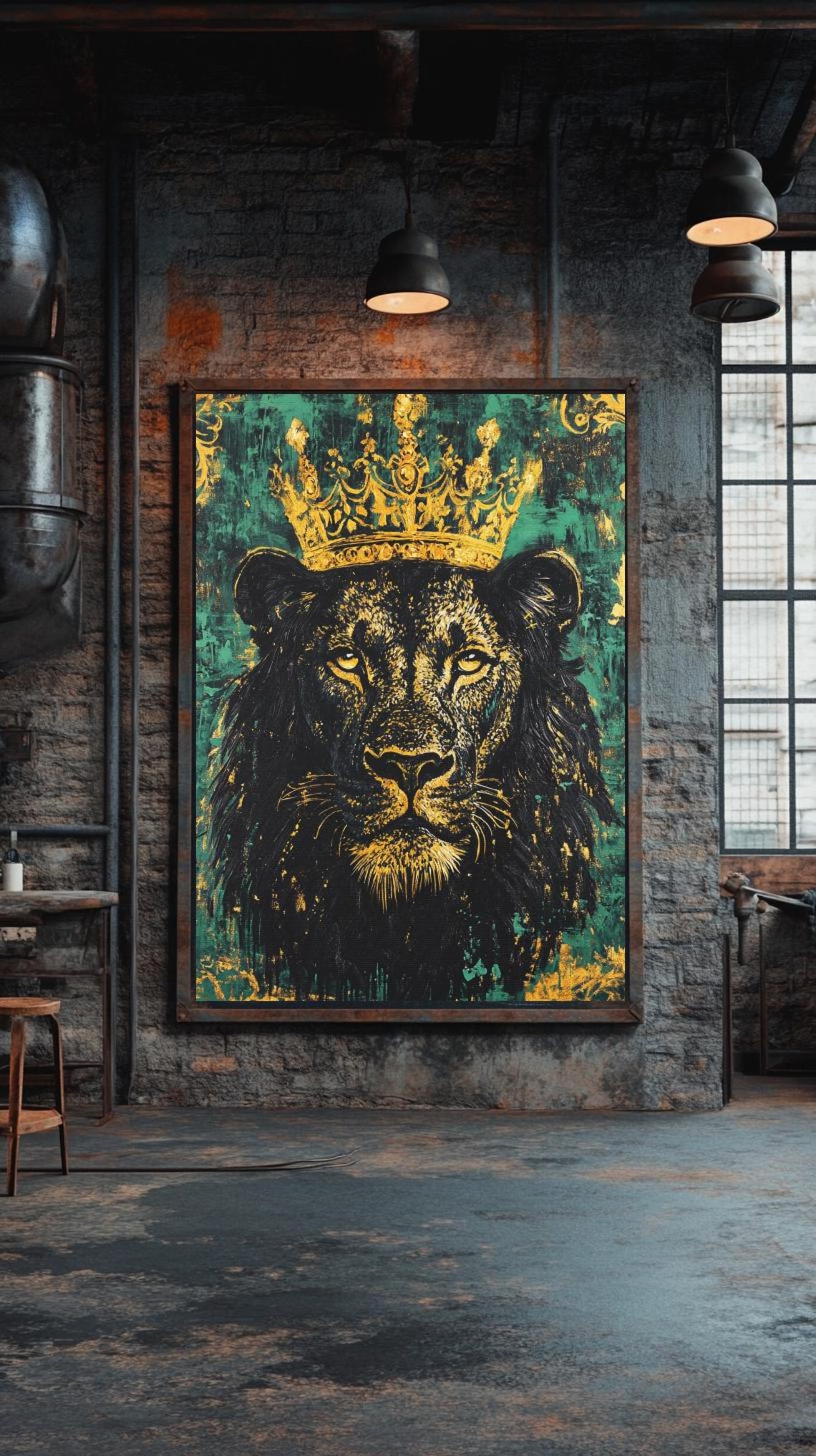 Black Lion Wearing Golden Crown Royal Emerald Jungle Animal Poster