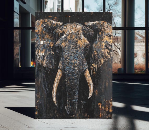 Majestic Elephant Canvas Wall Art Bold African Wildlife Painting Luxury Gold Black Decor Powerful Jungle Safari Artwork