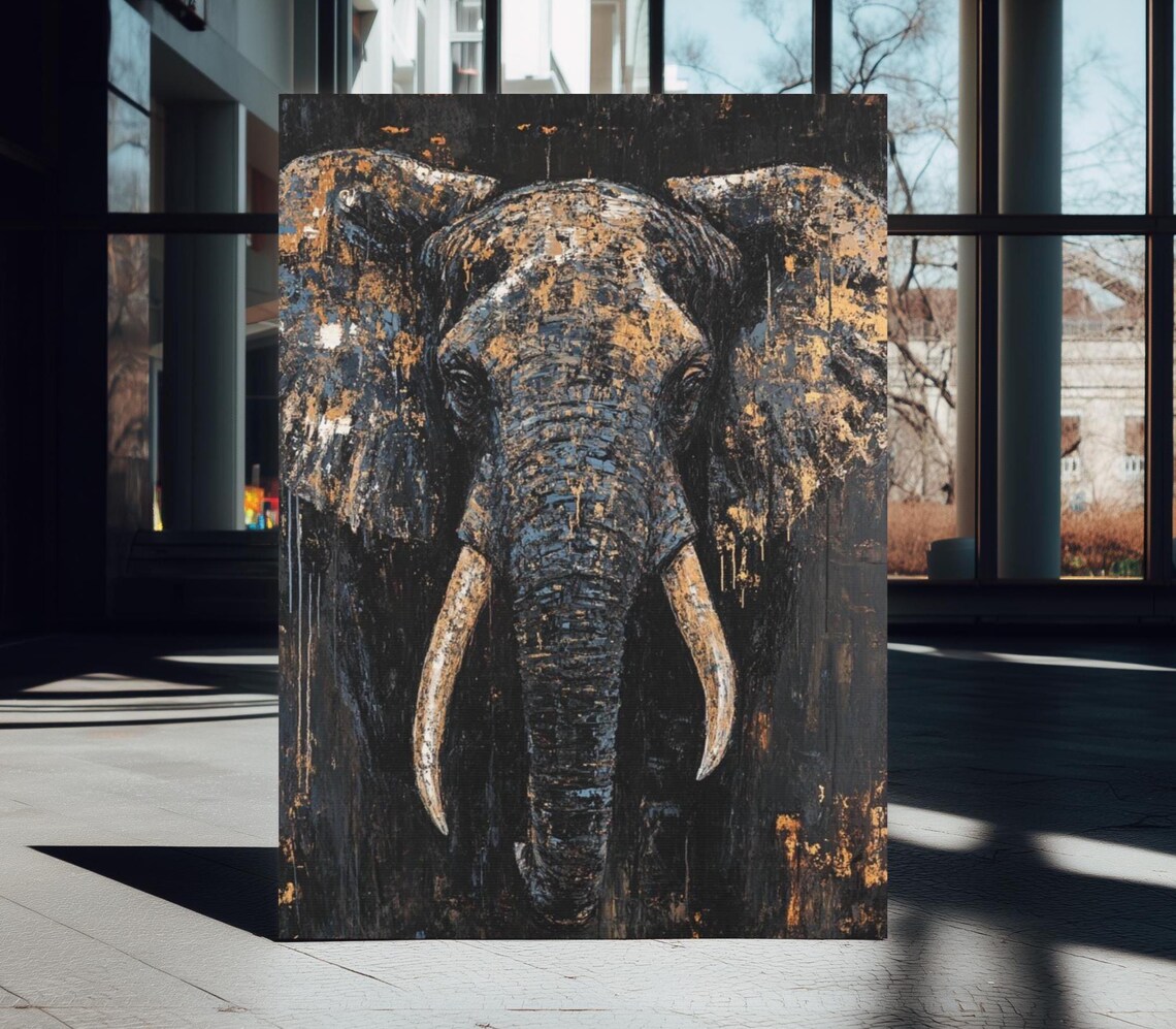 Majestic Elephant Portrait Dark Gold Painterly African Wall Art