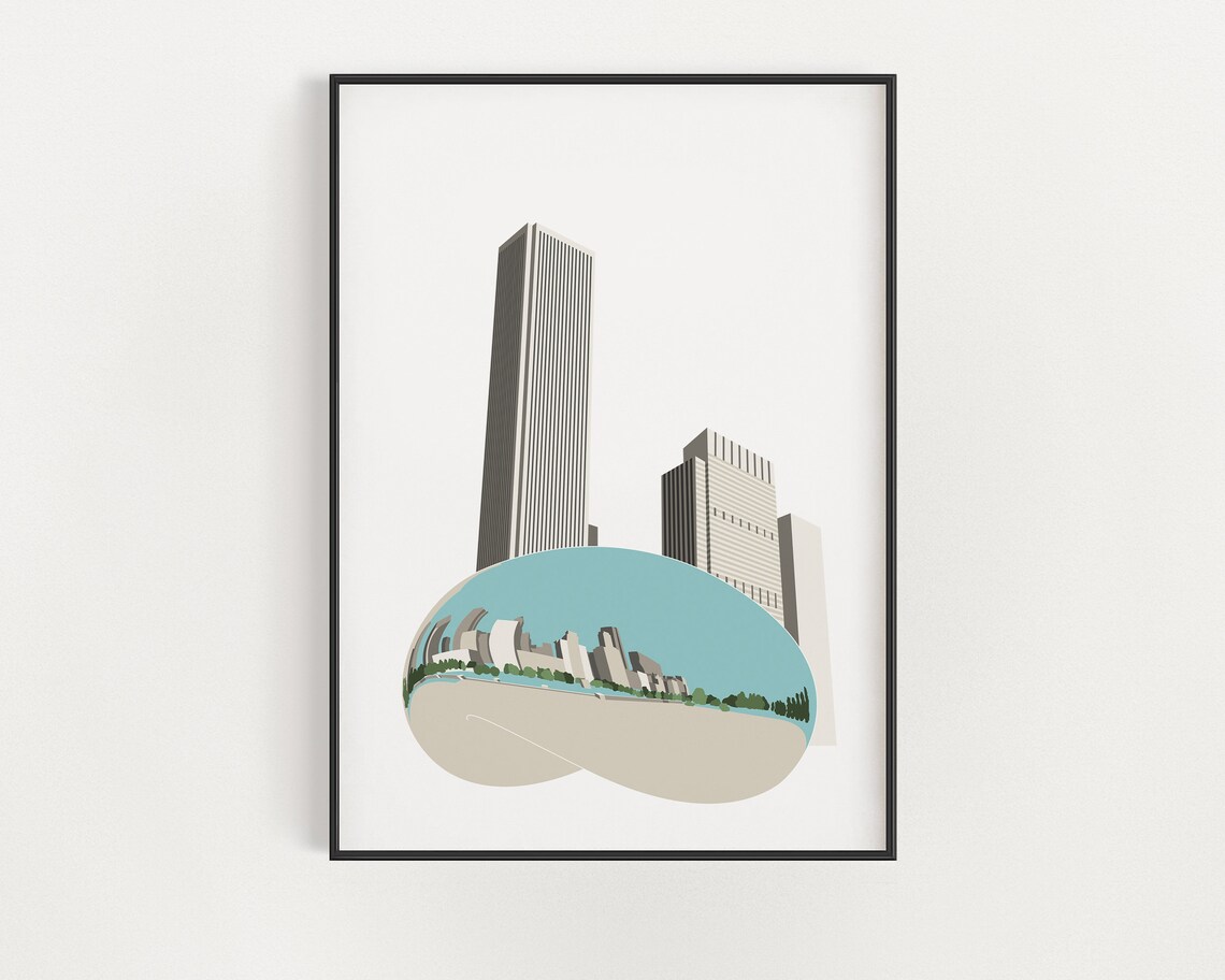 Chicago Cloud Gate Sculpture Print Architecture Poster Millennium Park Wall Art Blue Gray