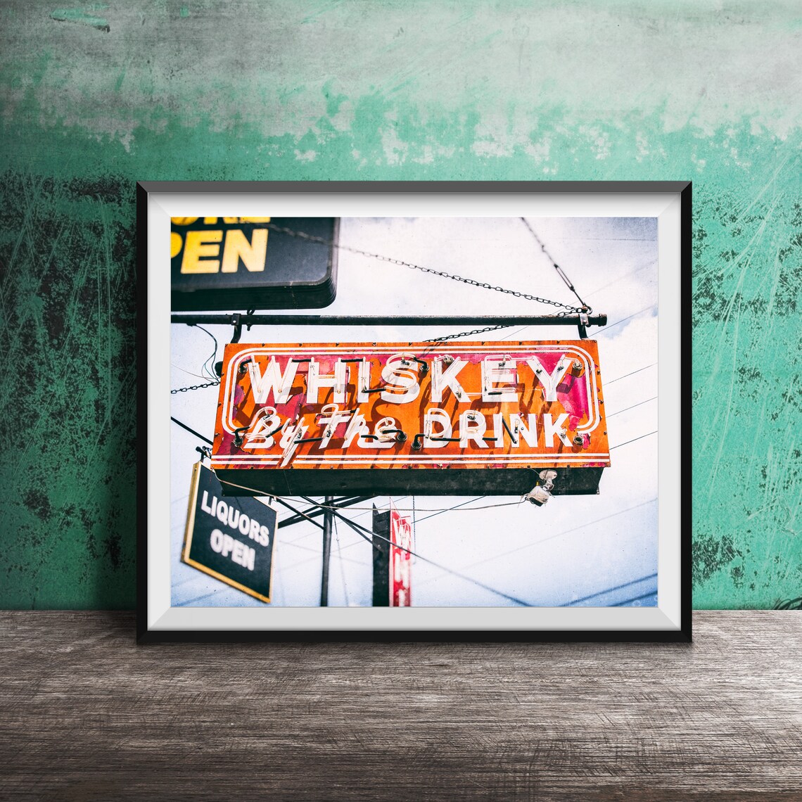 Whiskey By The Drink Vintage Neon Bar Sign Night Photo Poster
