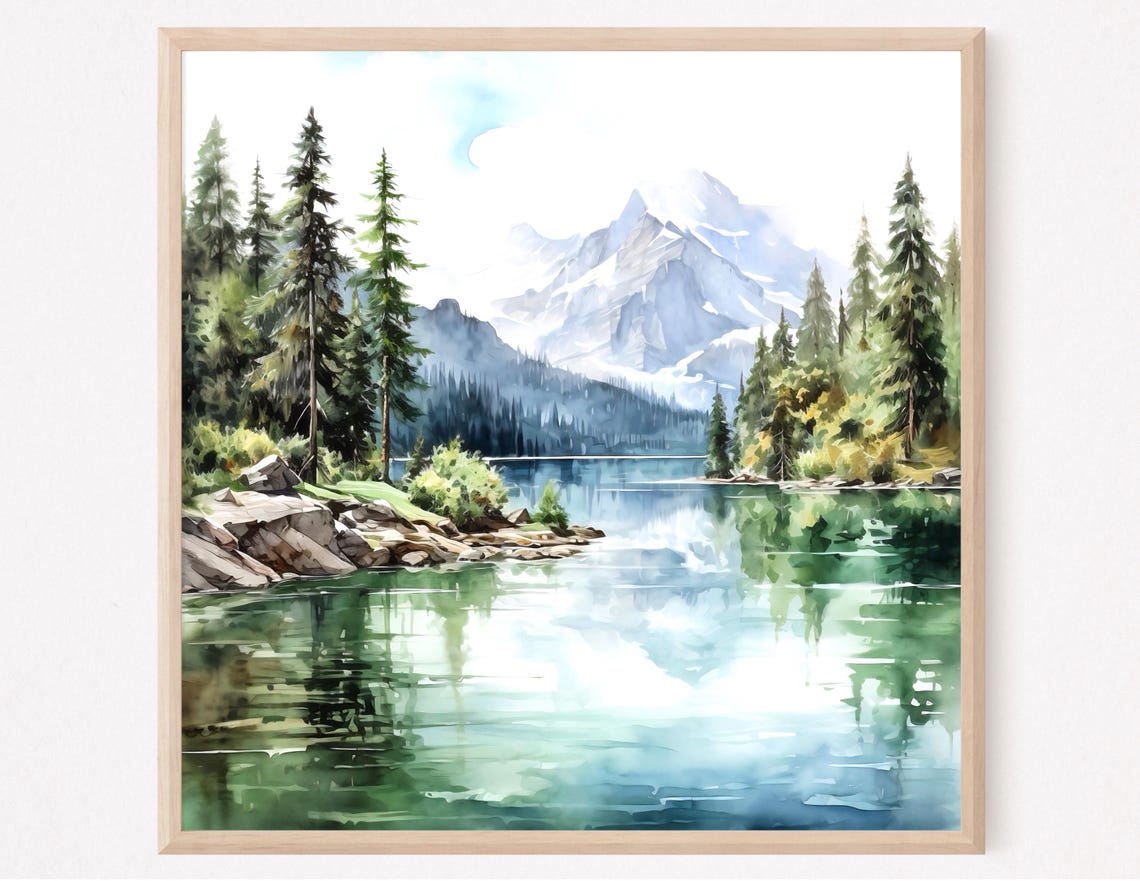 Serene Mountain Lake Pine Forest Soft Minimalist Watercolor Print