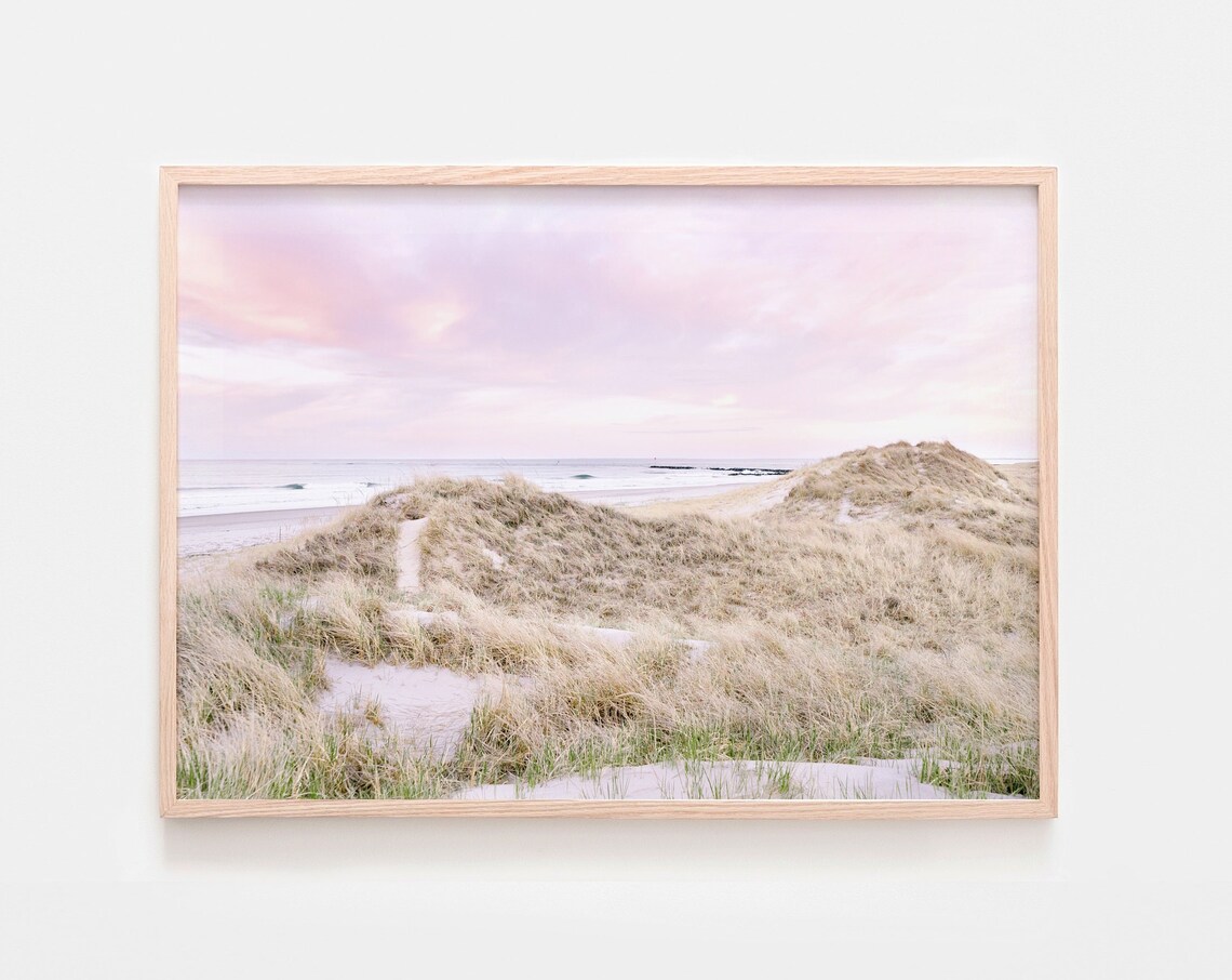 Coastal Sand Dunes Photography Art Print, Pastel Pink Beach