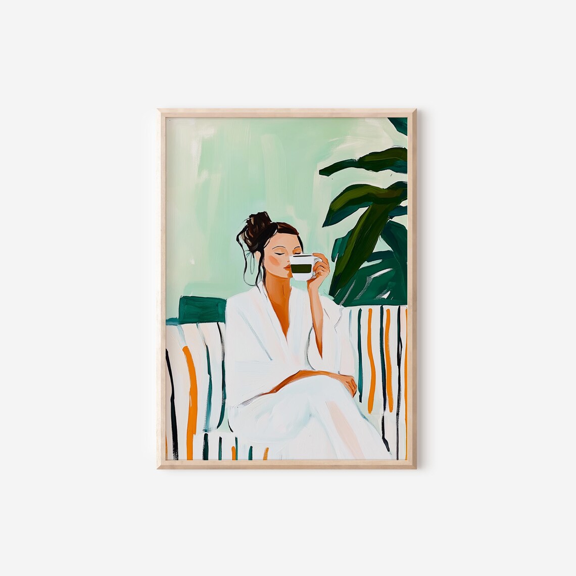 Green Minimalist Woman Drinking Coffee Relaxing Self Care Wall Art Print - Image 2