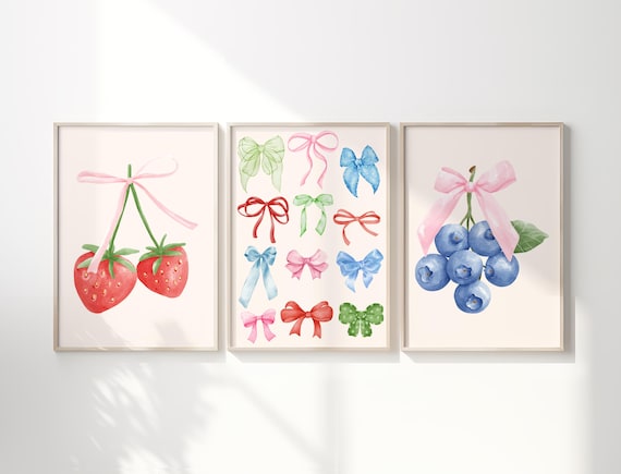 Trendy Bows Wall Art Triptych Coquette Watercolor Wall Art Set Whimsical Fruits Decor Instant Preppy Artwork