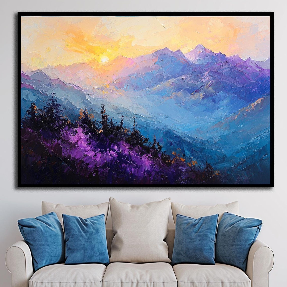 Blue Purple Mountain Sunrise Impasto Landscape Scenic Nature Print