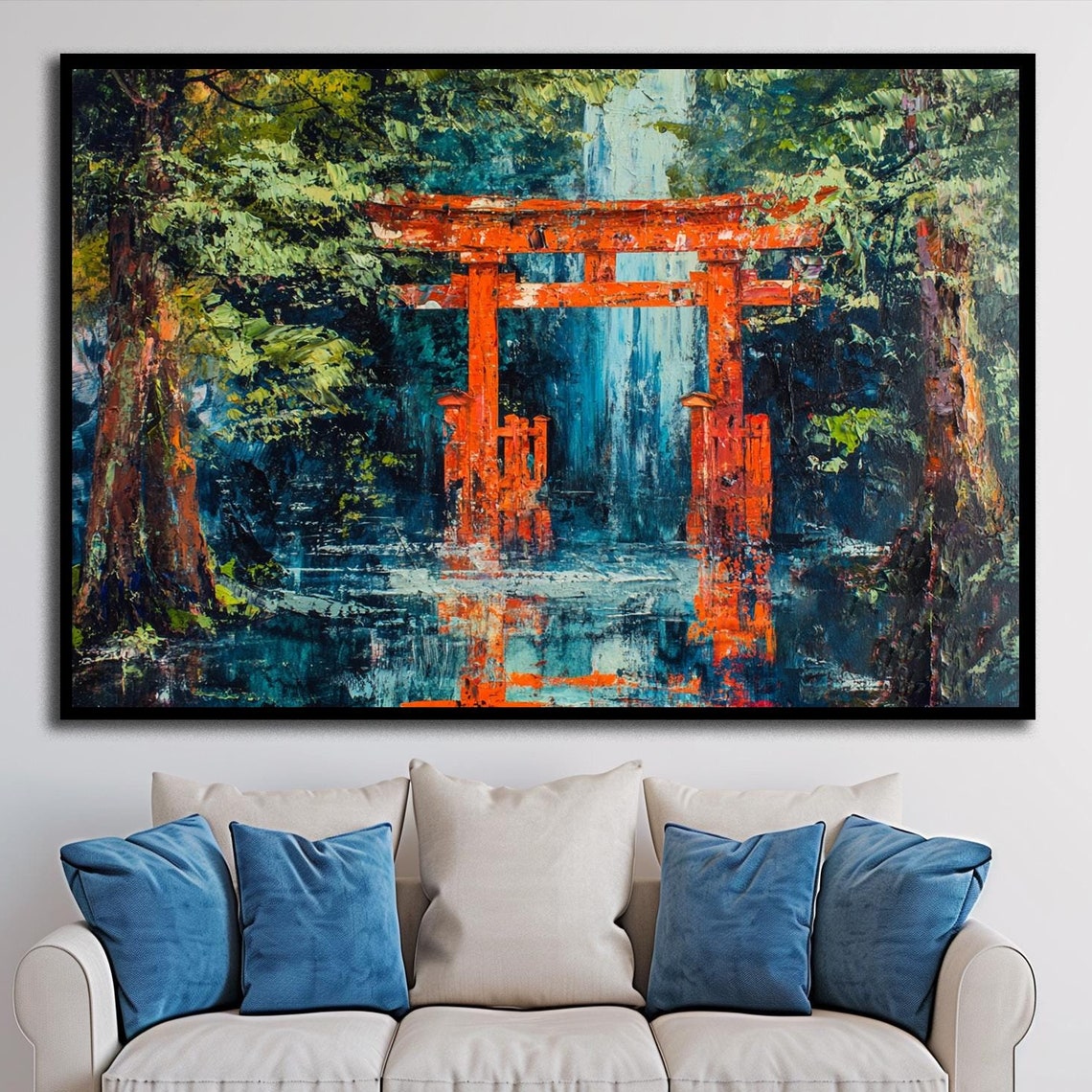 Red Torii Gate Forest Shrine Waterfall Impressionist Art Poster