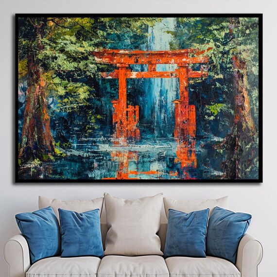Red Torii Gate Forest Shrine Waterfall Impressionist Art Poster