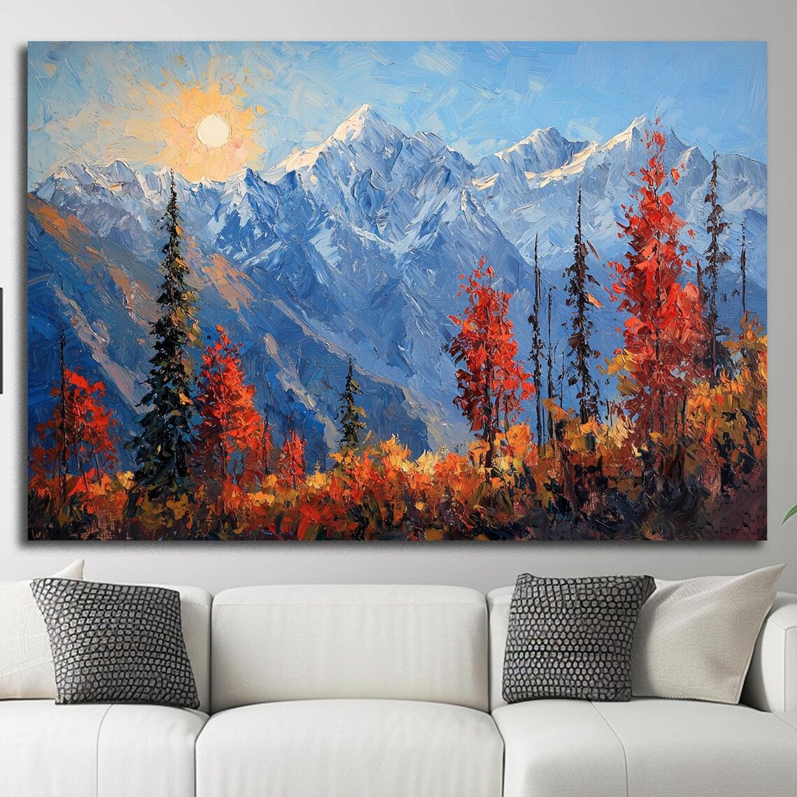 Snowy Mountain Morning Sun Red Autumn Trees Blue Peaks Oil Art Poster