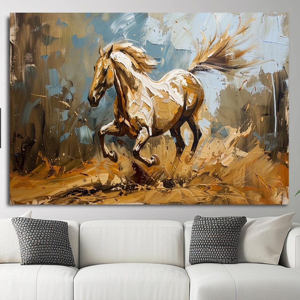 Golden Galloping Horse Abstract Oil Painting Dynamic Wall Art