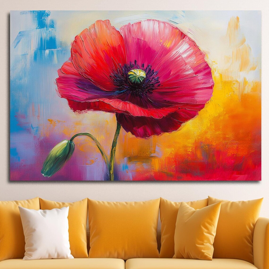 Vibrant Red Poppy Abstract Bloom Oil Modern Colorful Floral Wall Art