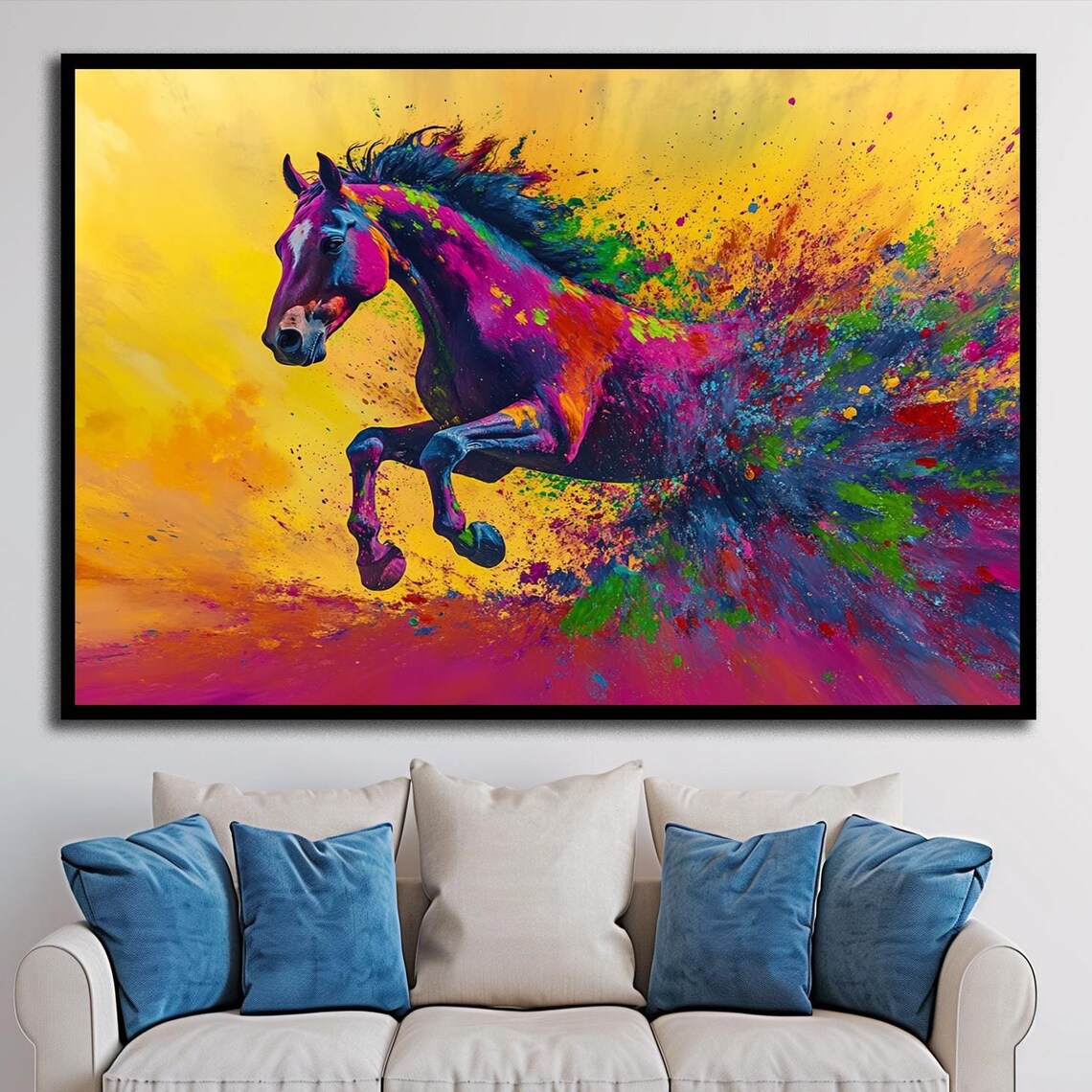 Rainbow Running Horse Paint Splatter Gold Background Pop Art Poster