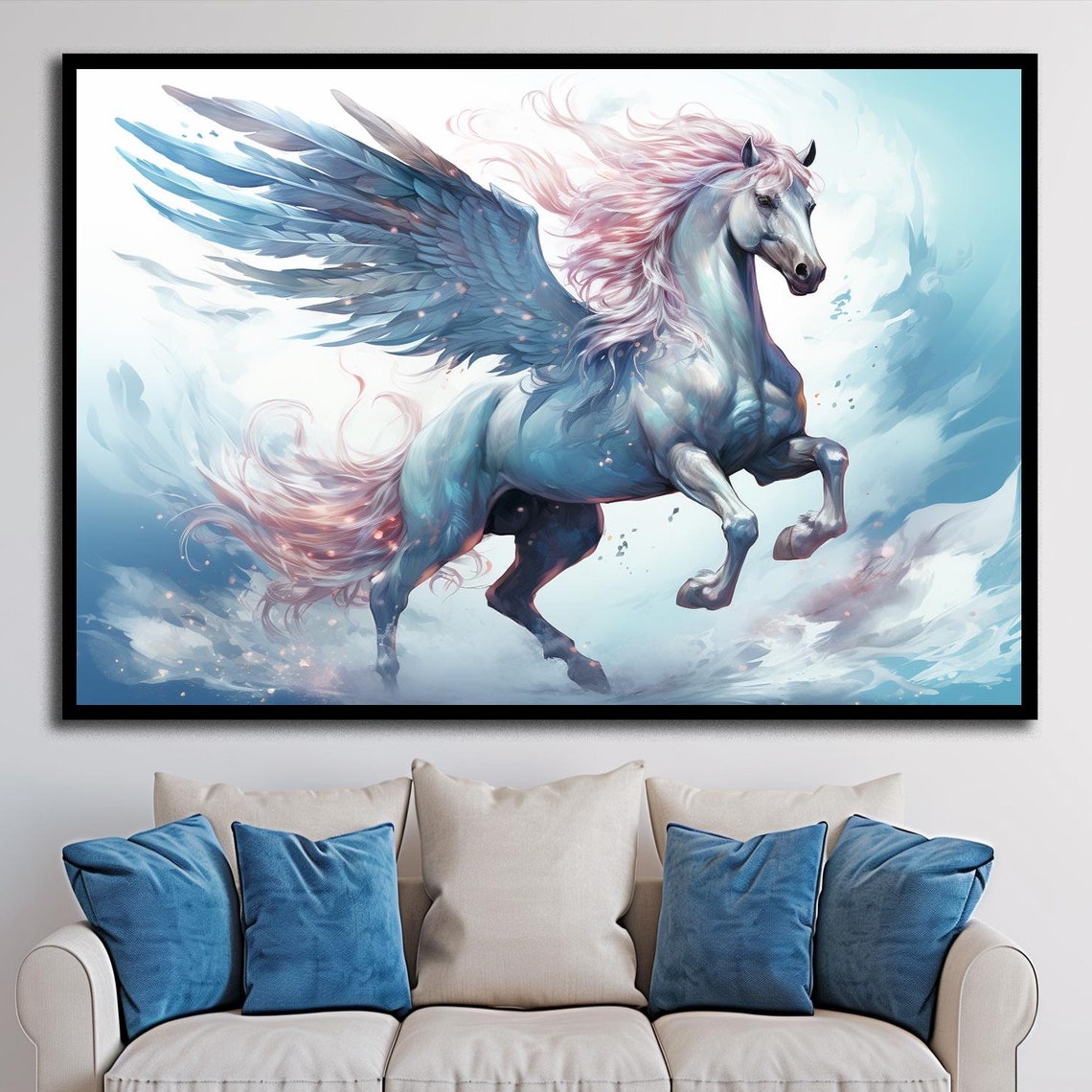 Blue Pegasus Winged Horse Flying Through Clouds Fantasy Dream Poster