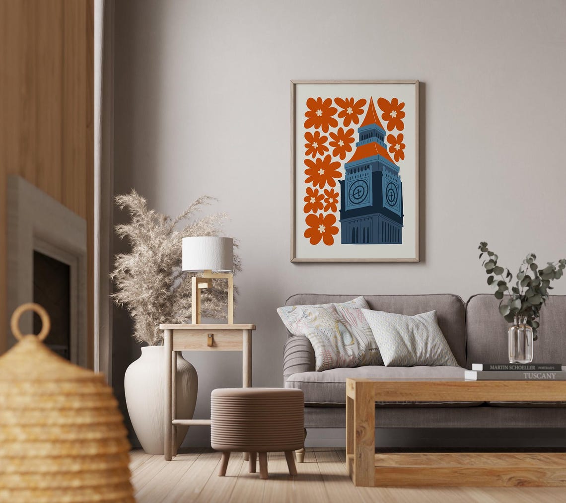 London Big Ben Clock Tower Orange Daisies Floral Illustration Poster