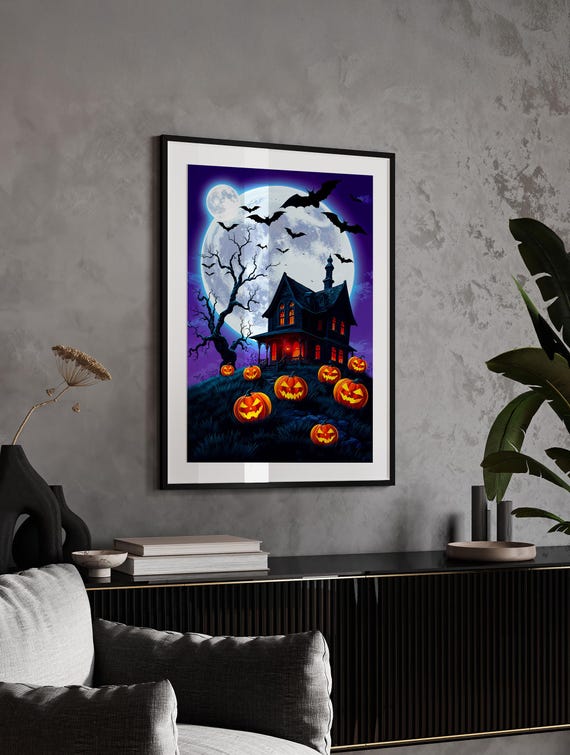 Spooky Haunted House Under Full Moon With Bats And Pumpkins Poster
