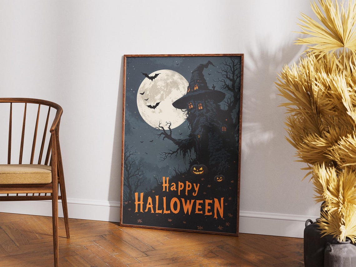 Happy Halloween Witch House Silhouette Full Moon Bats Night Poster