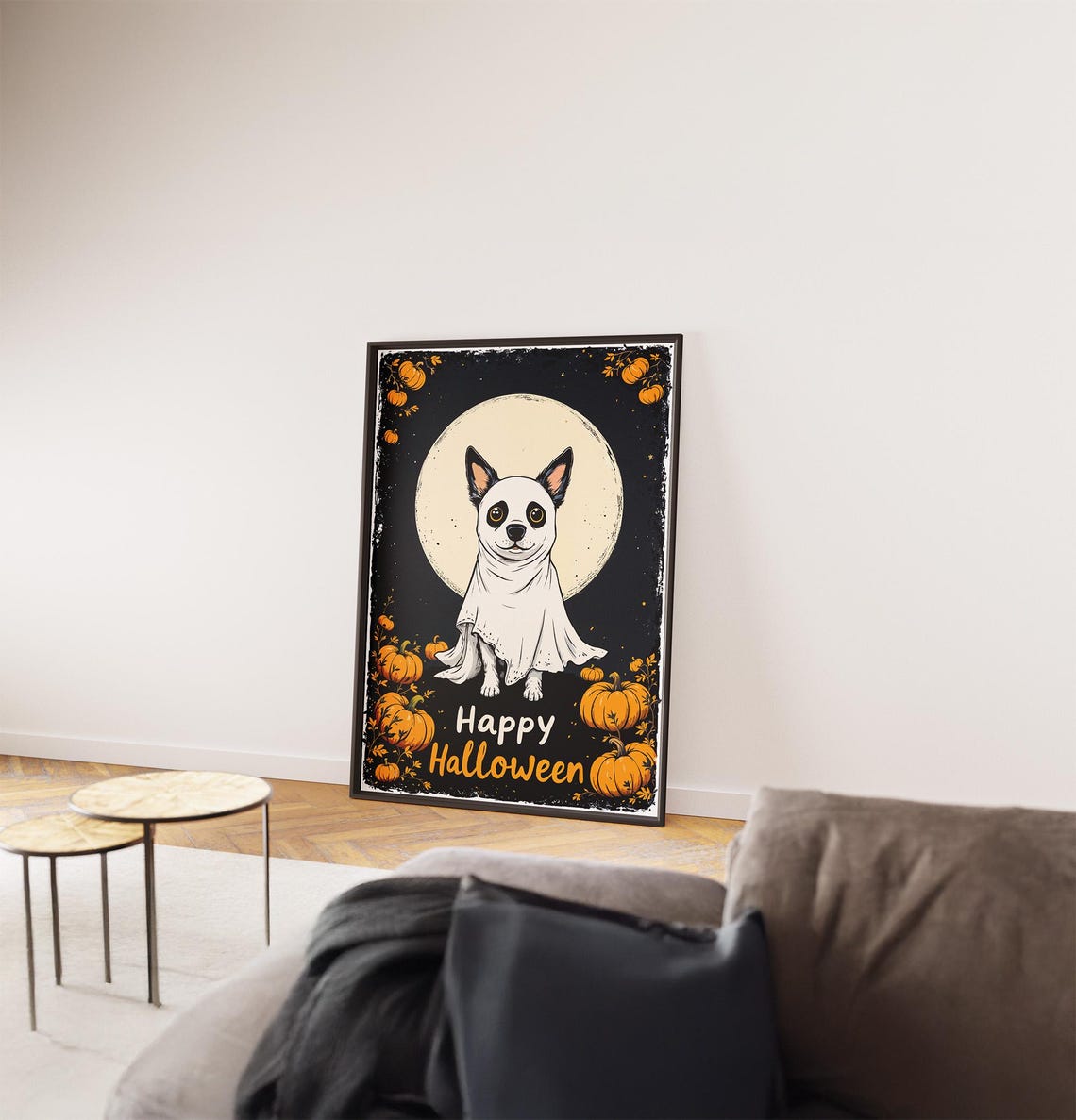 Happy Halloween Dog In Ghost Costume With Pumpkins Funny Poster