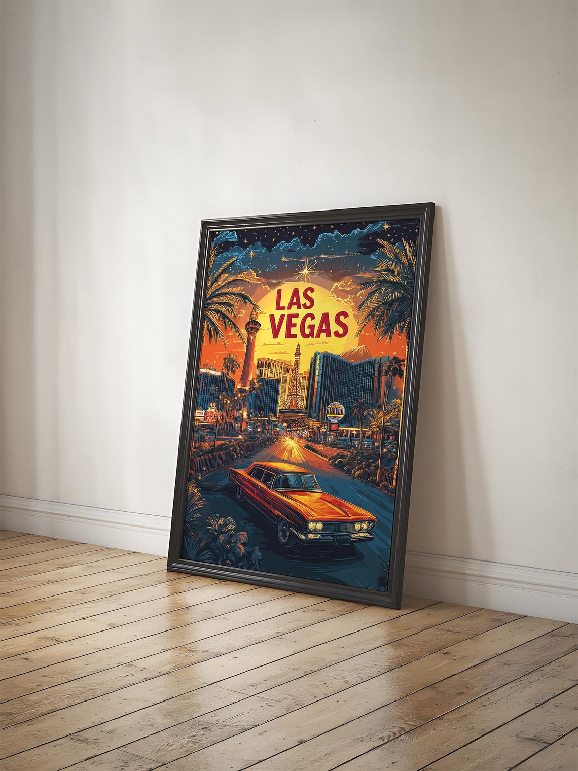 Las Vegas Sunset Red Classic Car Strip Neon Sky Vintage Poster
