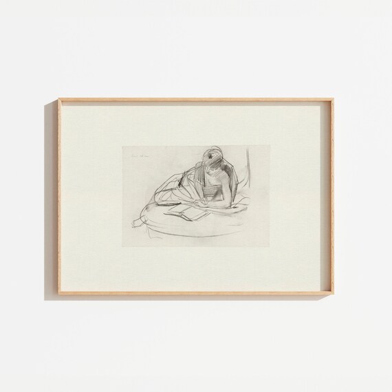 Vintage Minimalist Woman Reading Sketch Black Ink Drawing Wall Art