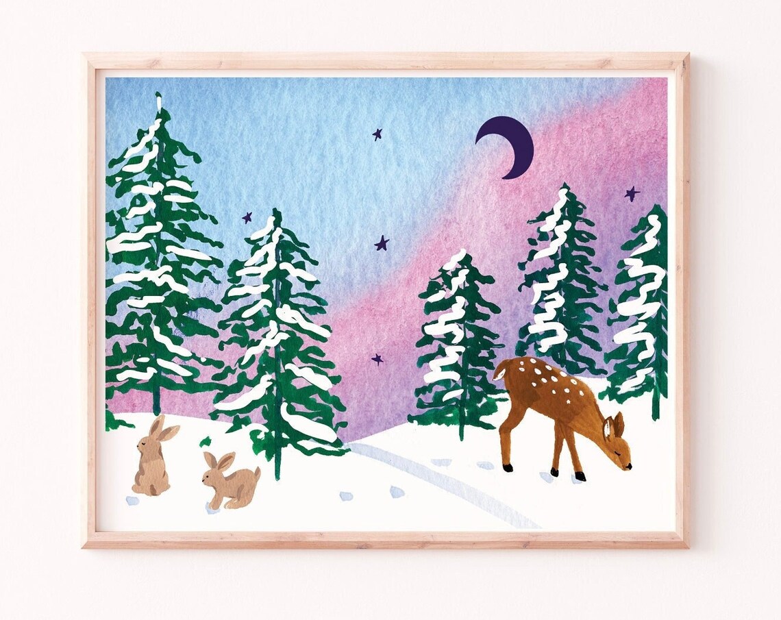 Deer and Rabbits Night Sky Winter Landscape Art Print