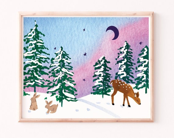 Deer and Rabbits Night Sky Winter Landscape Art Print