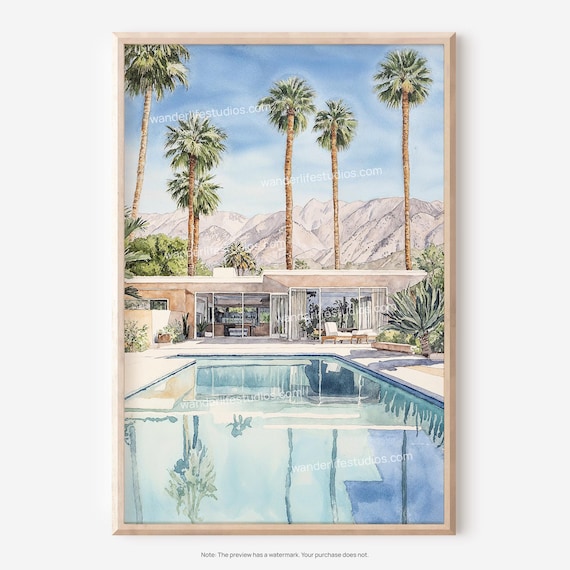 Palm Springs Mid Century Villa Pool Palms Watercolor California Poster
