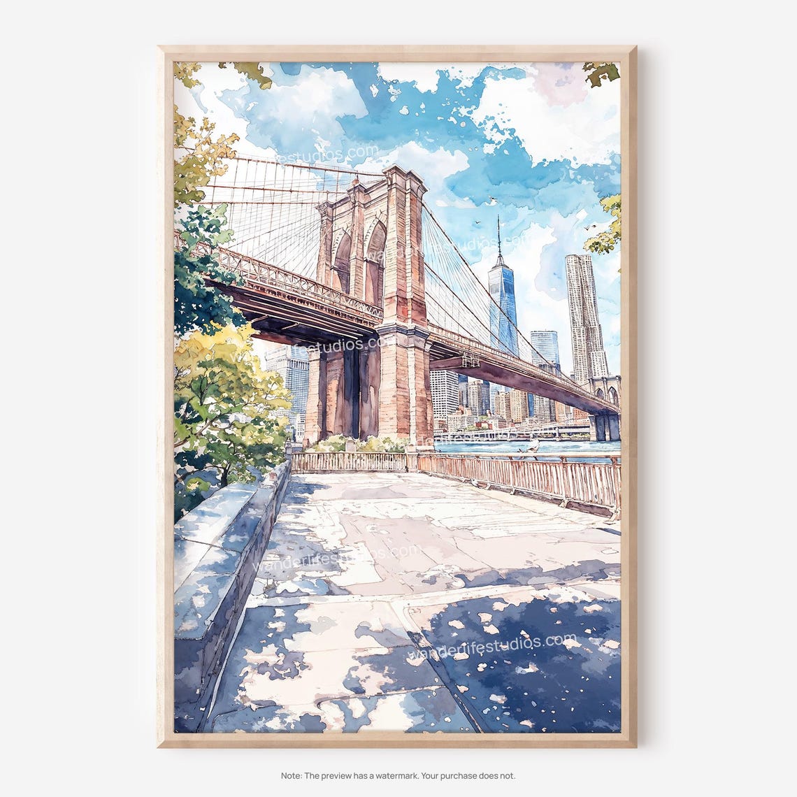 Brooklyn Bridge Watercolor Poster With Manhattan Skyline And Blue Sky