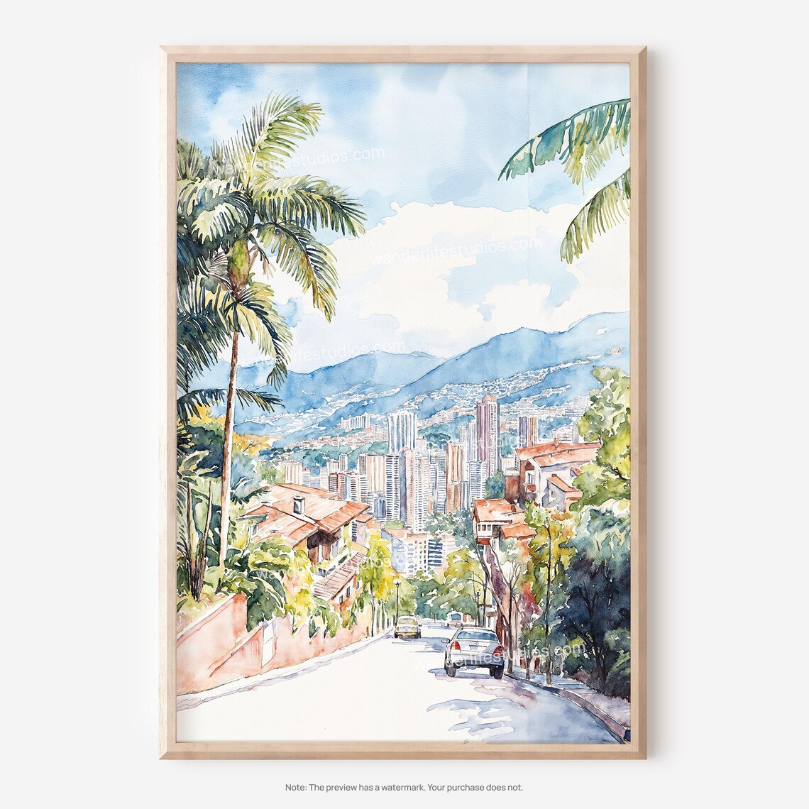 Medellin Skyline Wall Art Watercolor Cityscape As