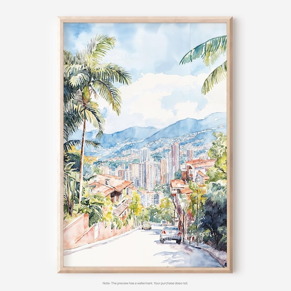Medellin Skyline Wall Art Watercolor Cityscape As