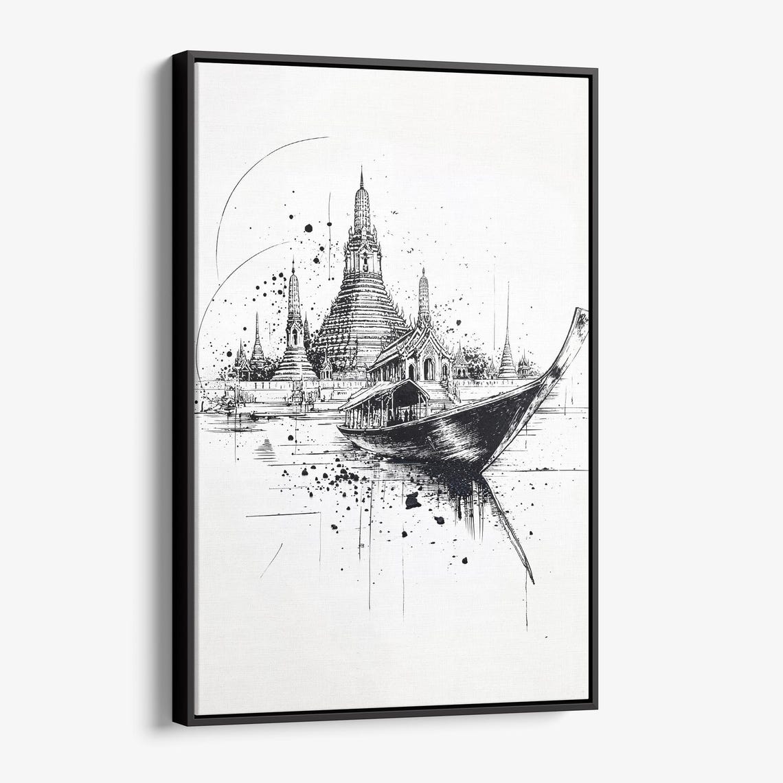 Wat Arun Bangkok Riverside Temple Longtail Boat Ink Sketch Poster