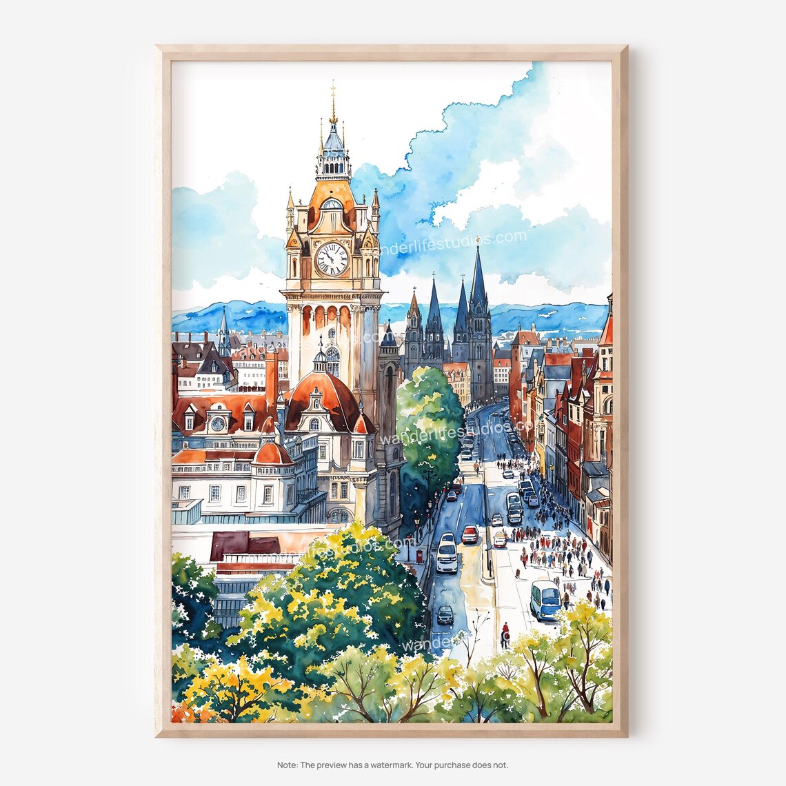 Edinburgh Skyline Wall Art Cityscape Watercolor For Easy Printing