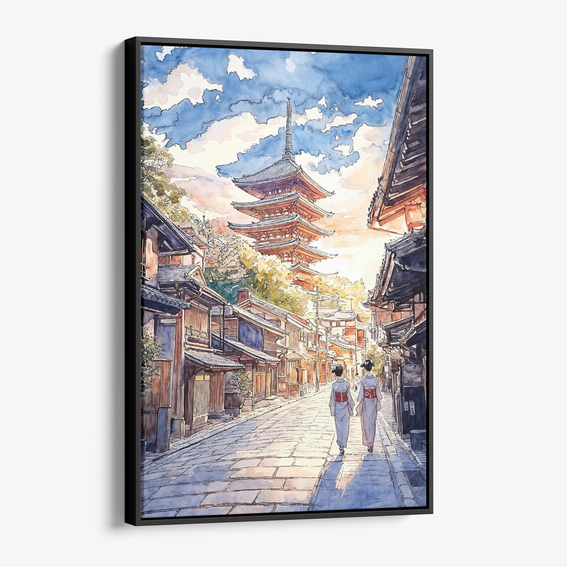Kyoto Japan Pagoda Street Watercolor Kimono Women Travel Poster