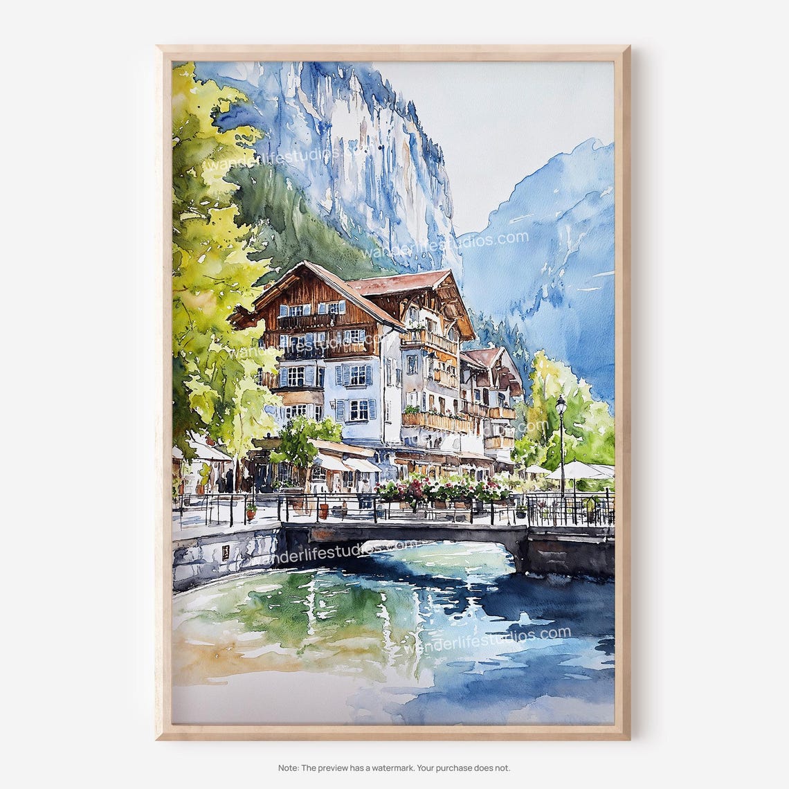 Lauterbrunnen Switzerland Alpine Village Watercolor Scenic Poster