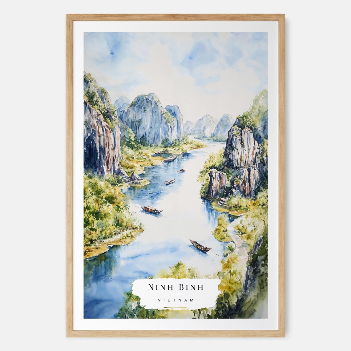 Ninh Binh Vietnam Karst River Boats Watercolor Travel Art Poster
