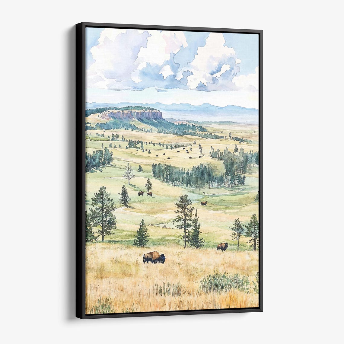 Bison Herd Prairie Watercolor Golden Grassland Western Art Poster