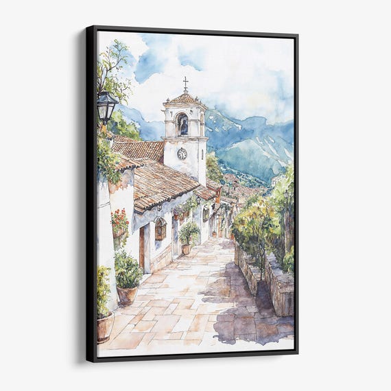 Medellin Old Town Canvas Print Charming Watercolor Urban Landscape Art